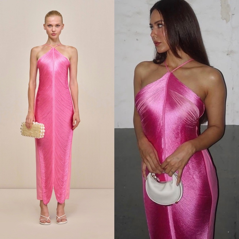 cult gaia Pink Shimmer Halter Midi Dress